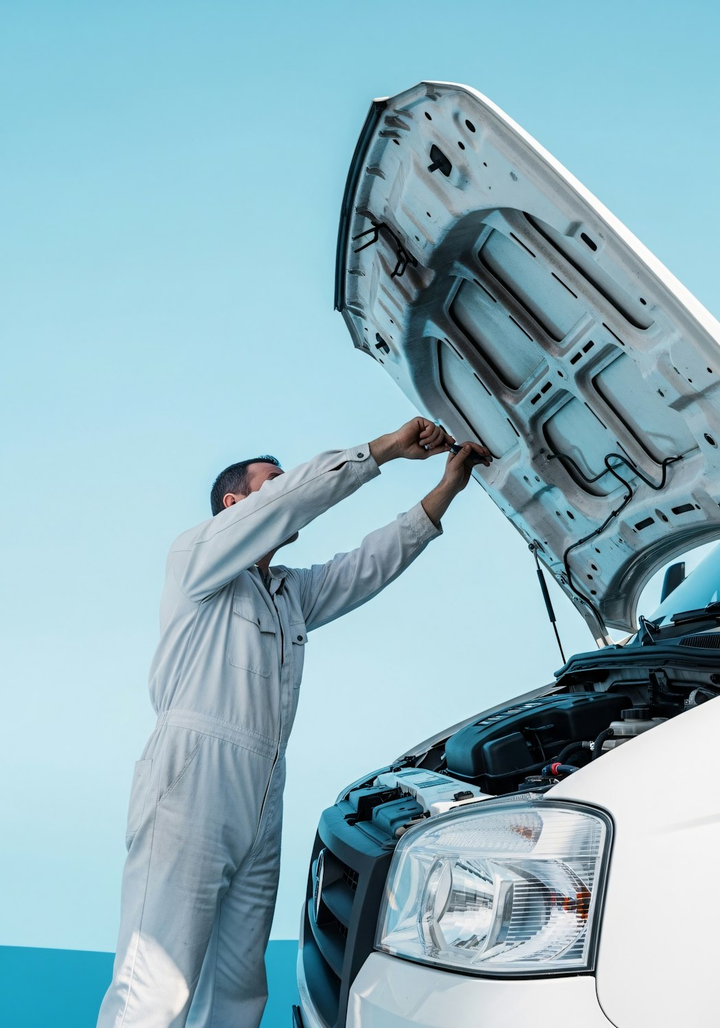 Technician checking an engine bay with the hood raised